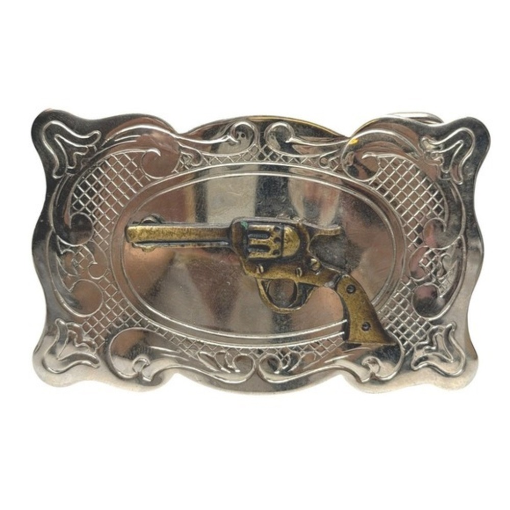 Western Belt Buckle, Silver Tone With Gold Gun, Vintage, Made In USA